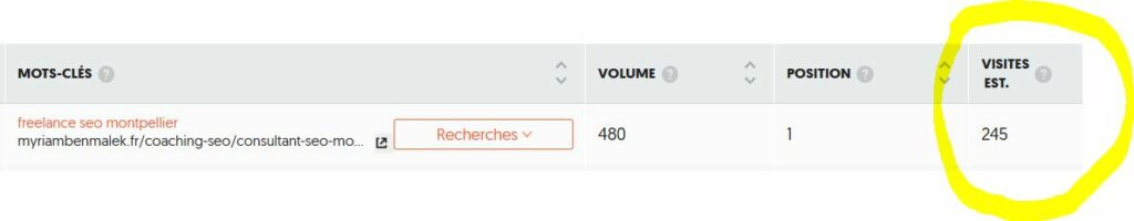 resultat seo en tant que freelance. Position, mot-clé et nombre de visiteurs